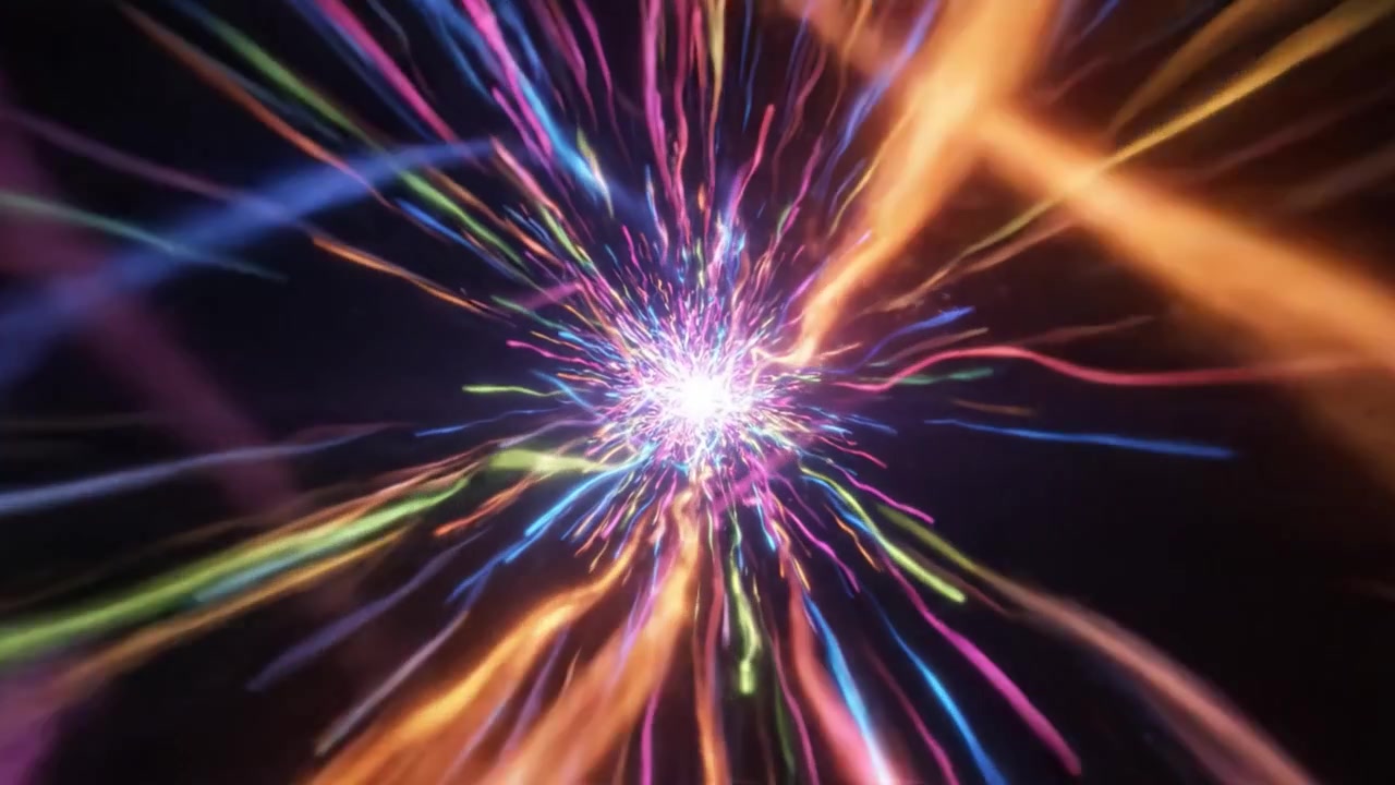 A captivating display of vibrant, colorful light streaks radiating outward in a mesmerizing explosion of energy and color, creating a dynamic visual experience.