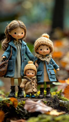 family of dolls in cozy outfits enjoy autumn outdoors