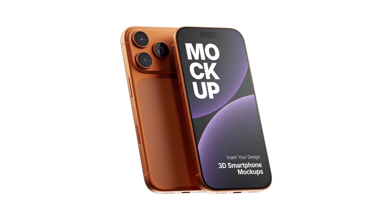 Due mockup 3D di smartphone dorati in rotazione su sfondo bianco