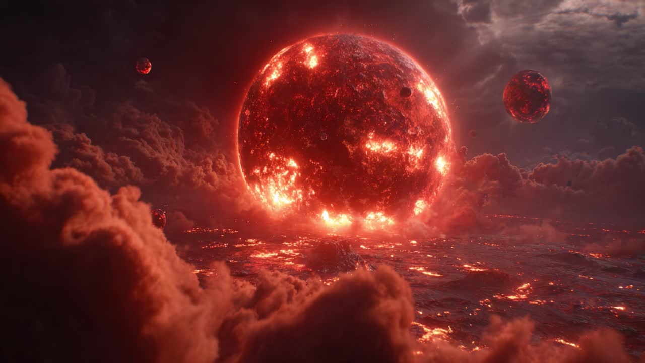 A Dramatic Cosmic Scene with an Erupting Red Planet Surrounded by Lava and Fiery Clouds Set Against a Dark Interstellar Background