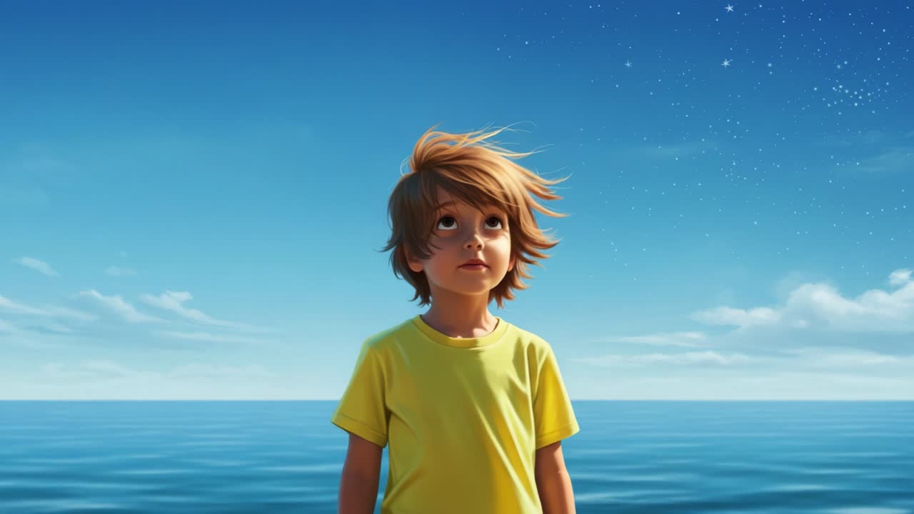 A Spirited Journey of Discovery: A Young Boy Stands at the Edge of an Endless Ocean, Gazing at the Stars Above, Capturing the Essence of Childhood Wonder and Curiosity