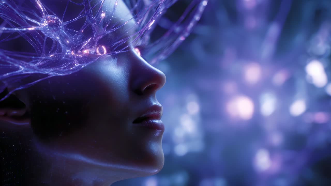 Una straordinaria rappresentazione di una figura eterea con connessioni neurali luminose, che enfatizza la fusione tra tecnologia e creatività umana in un paesaggio digitale ipnotico