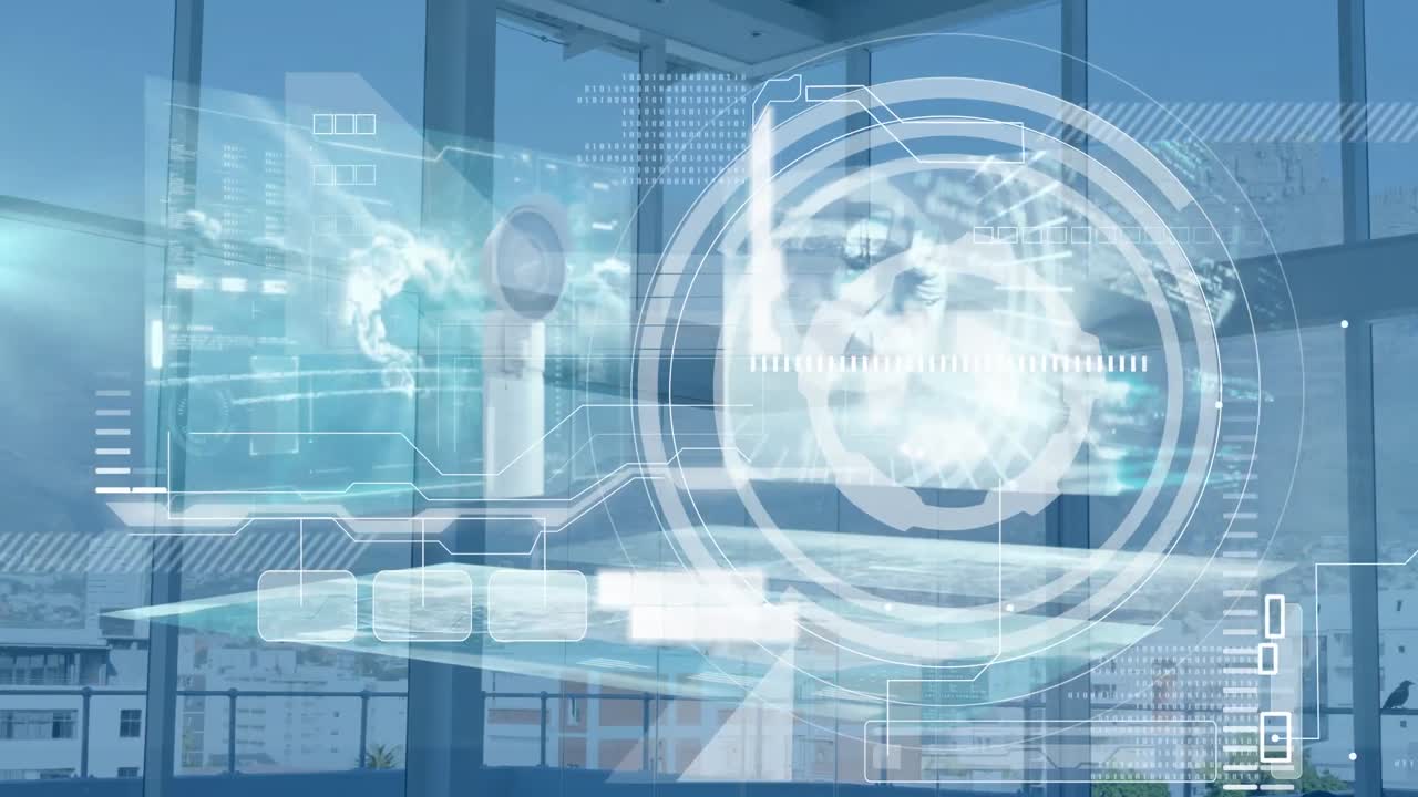 디지털 인터페이스를 통한 감시 카메라와 데이터 처리가 사무실에서 도시 풍경을 볼 수 있습니다.