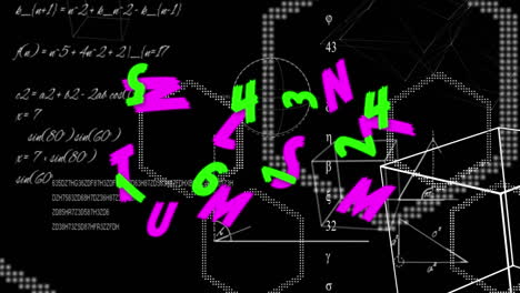 Animation of floating letters and numbers over mathematical equations and shapes on black background