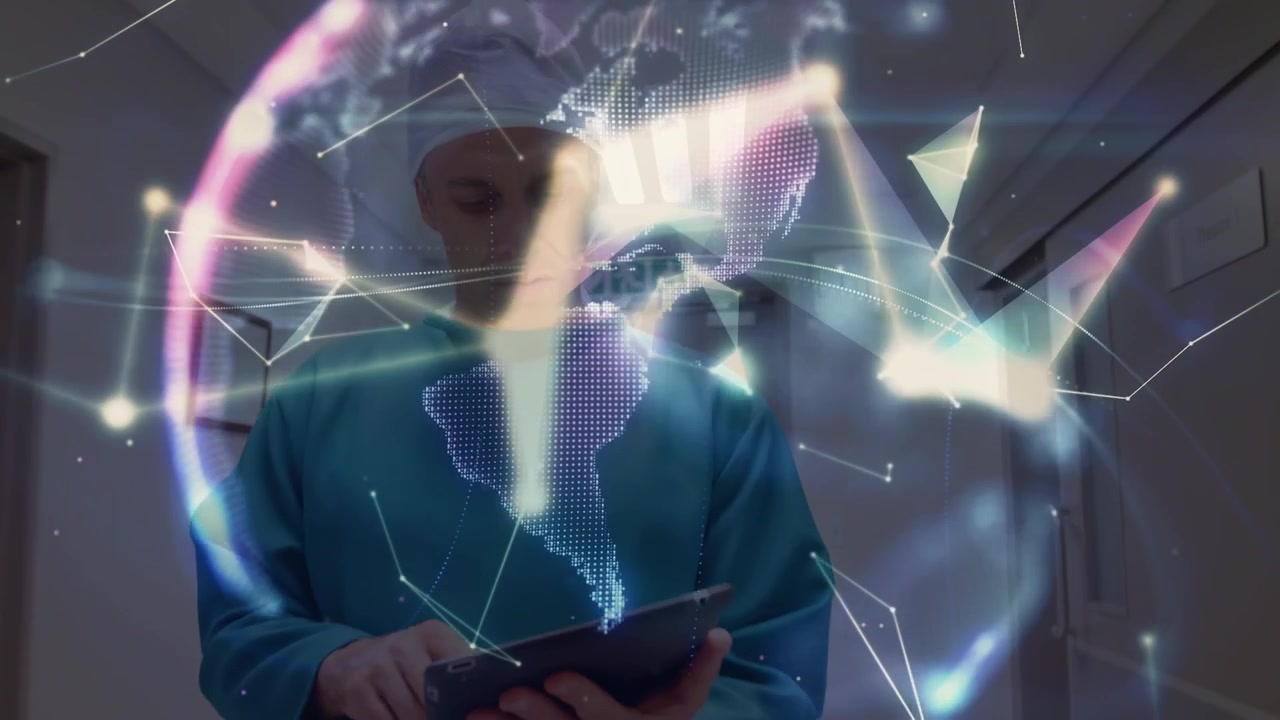 Animation of network of connections over caucasian male surgeon using tablet