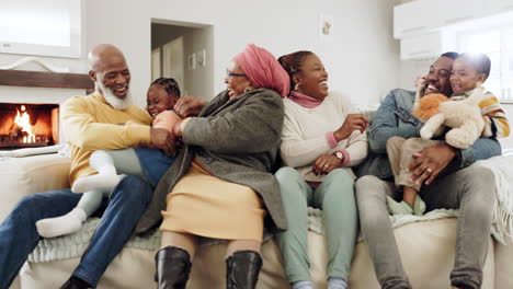 big family, living room and hug on sofa