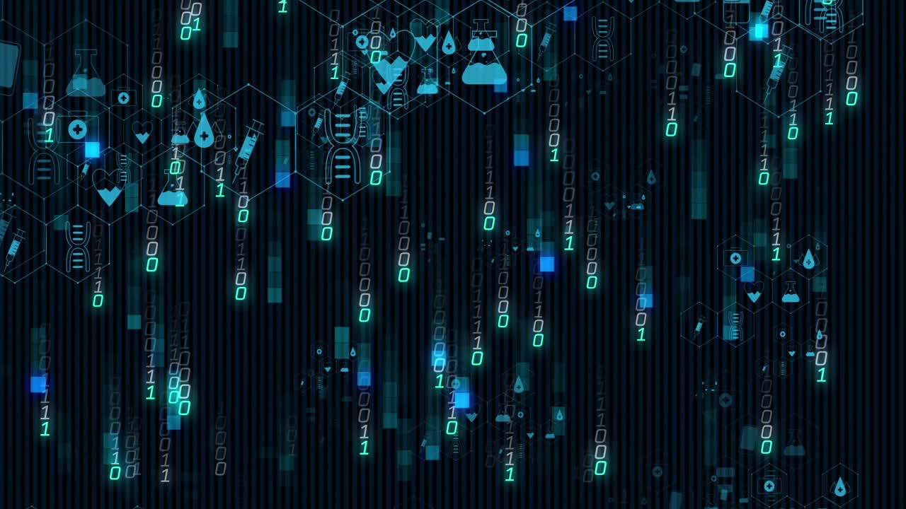 Animation of medical icons and data processing on black background