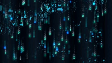 animación de iconos médicos y procesamiento de datos sobre fondo negro