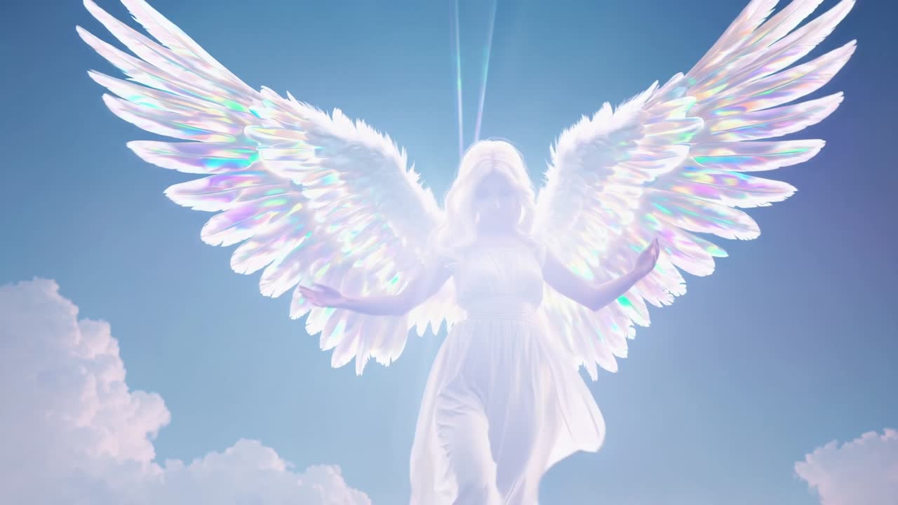 Ethereal figure with radiant wings gracefully descends through soft clouds, embodying a serene presence, illuminating the sky with vibrant light and captivating beauty