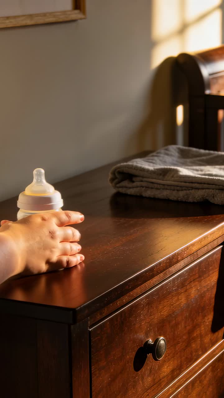 Vertical video: Entering frame hand taking bottle off dresser in bedroom to feed baby, copy space