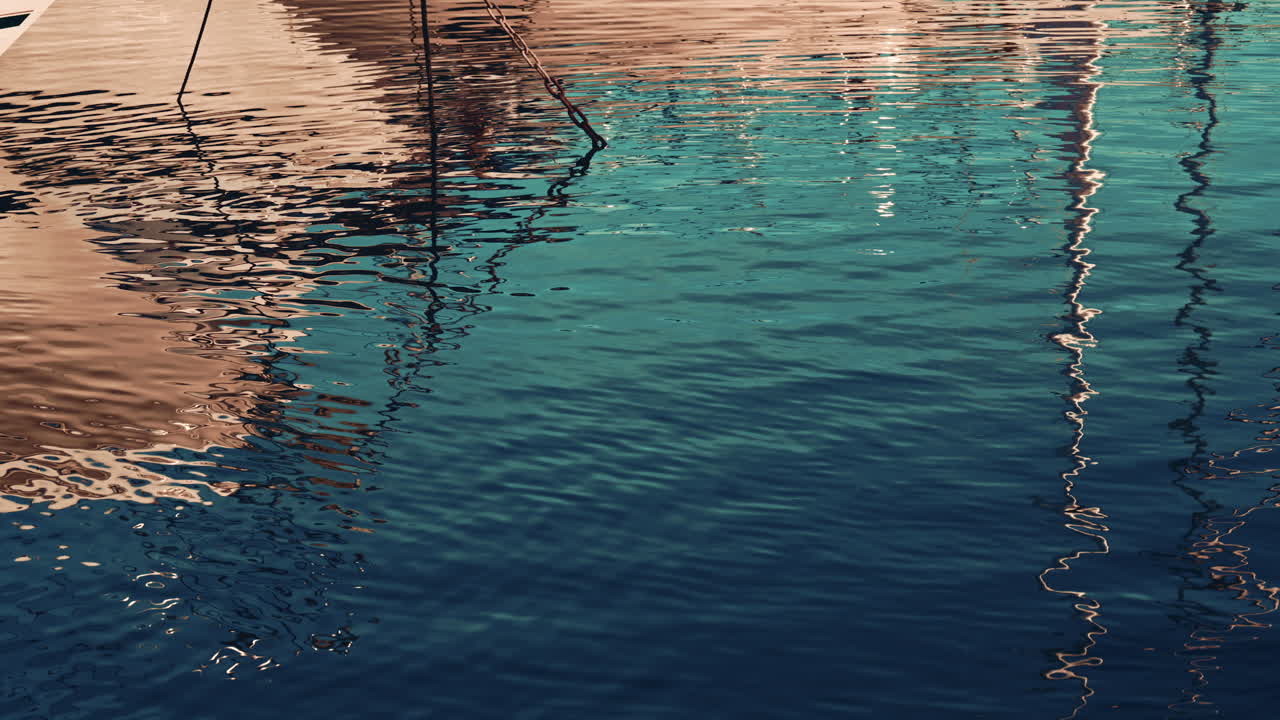 Ripples on marina water showing distorted reflections of boats and buildings in warm light