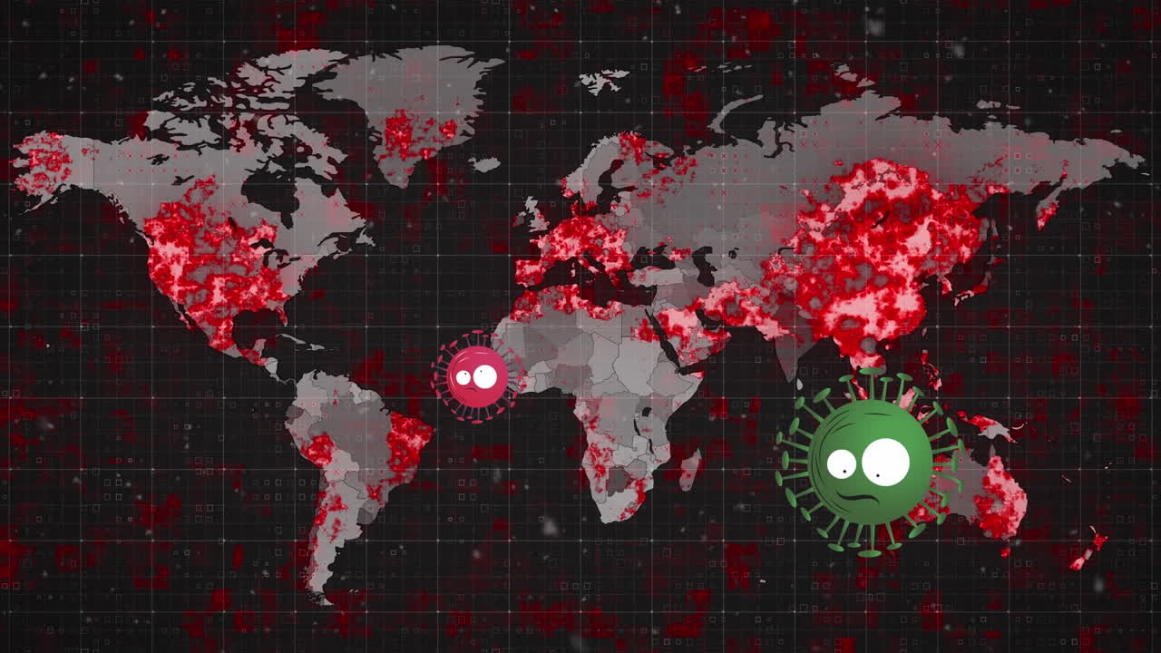 세계 지도 위의 바이러스 세포의 애니메이션