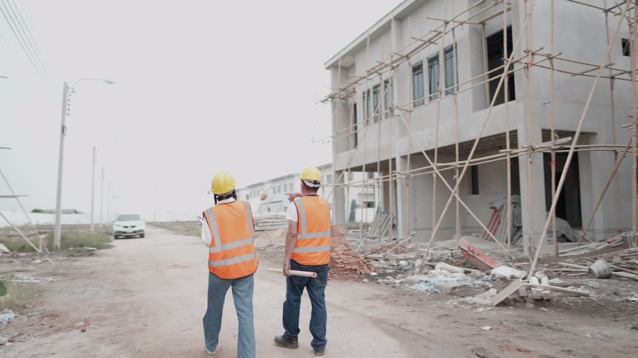 contratista de equipo o trabajador que trabaja en el negocio inmobiliario. ingeniero civil y arquitecto masculino discuten sobre el diseño de estilos de construcción, inspeccionan el progreso del proyecto de vivienda en los sitios de construcción.