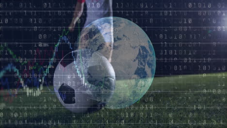 earth and soccer ball over binary code and financial data animation