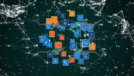 animation of globe of network of connections with digital icons