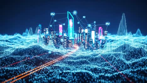 a futuristic cityscape with digital waves: visualization of advanced technology, connectivity, and urban development in a vibrant neon environment