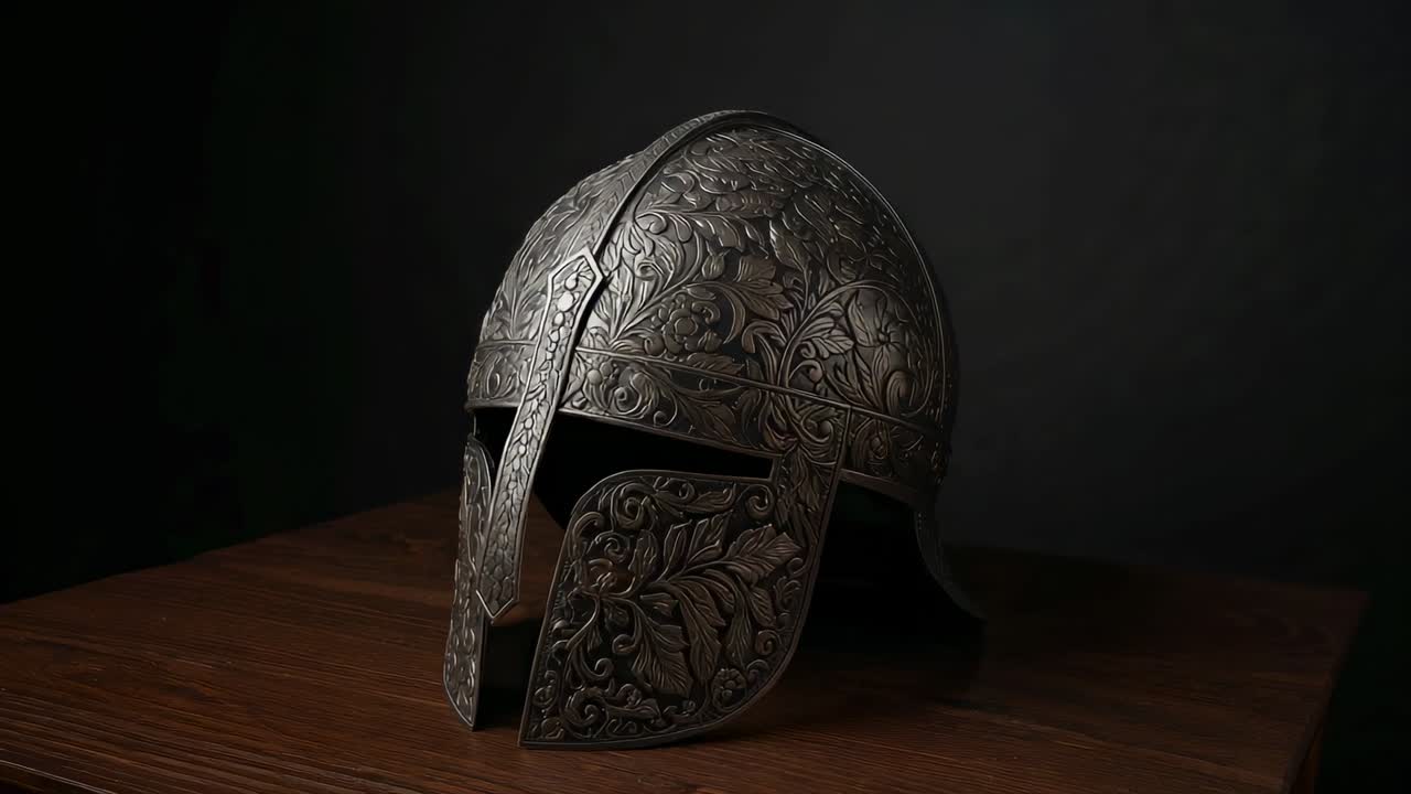 Starting camera panning revealing ornate metal helmet on wooden table, highlighting craftsmanship