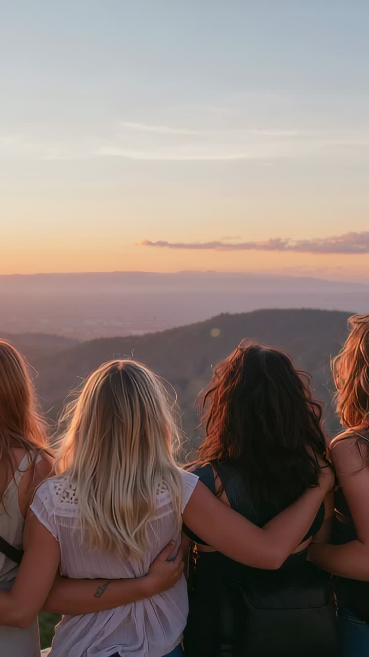 Vertical video: Standing four women holding linked arms on hill, lacy top watching sunset starting