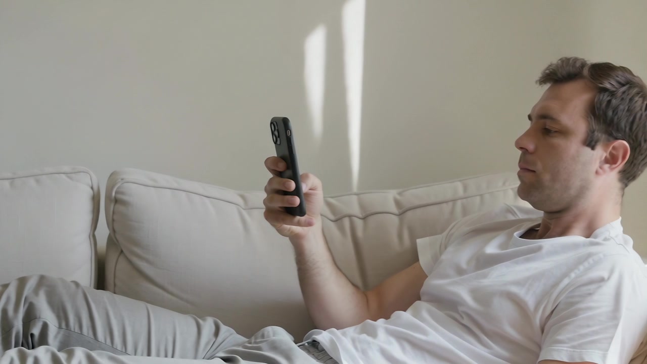 Uomo in piedi che si sposta, con in mano lo smartphone, con lo sguardo rivolto al divano di casa, che indossa una maglietta bianca, con spazio per il testo.