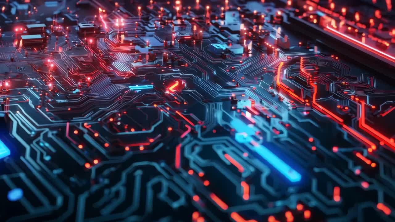 un primer plano de una placa de circuito de computadora con luces rojas y azules