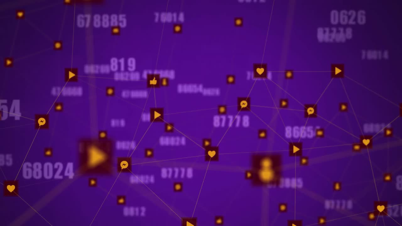 animación de múltiples números cambiantes y red de iconos digitales contra un fondo púrpura