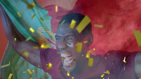 animación de confeti dorado sobre el aplauso de los aficionados deportivos afroamericanos hombres agitando la bandera de portugal