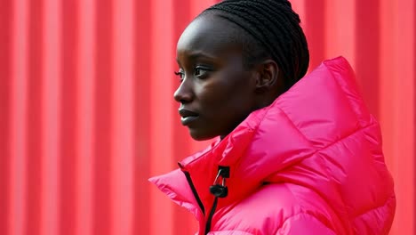 a woman in a bright pink puffer jacket standing in front of a red wall