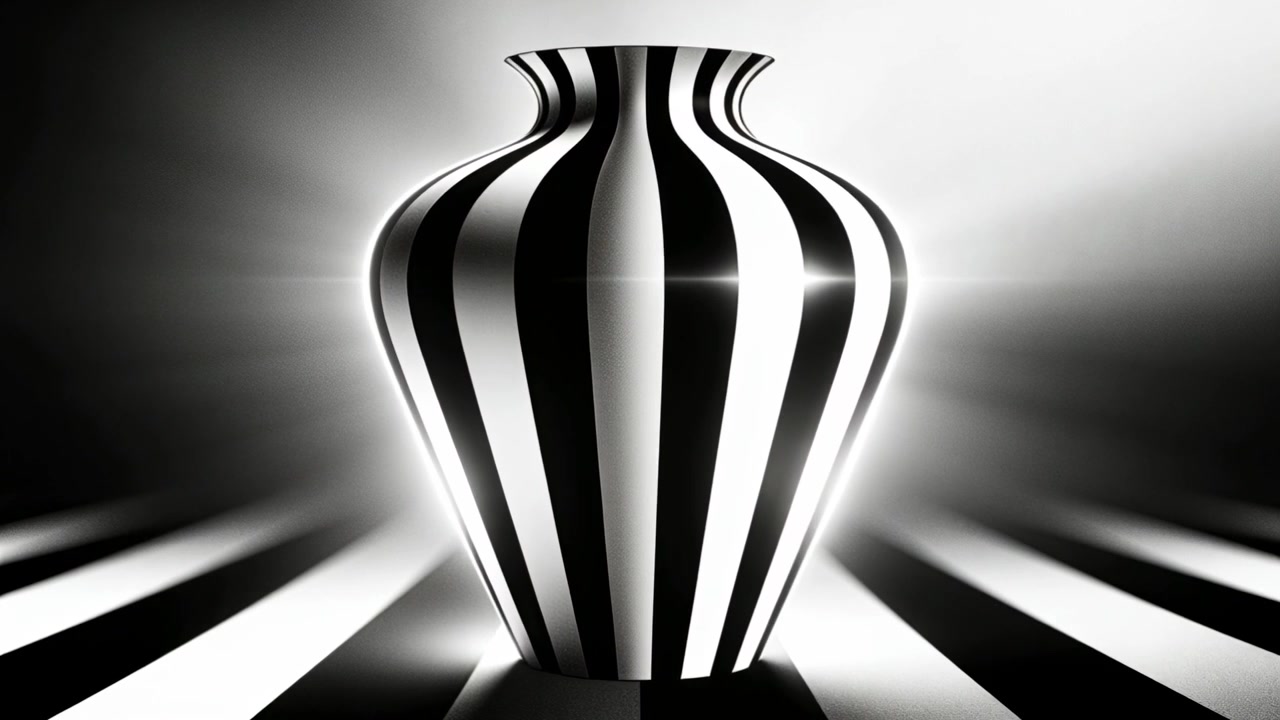 Skiftende studielys bevæger højdepunkt over blank stribet vase på piedestal, viser refleksioner