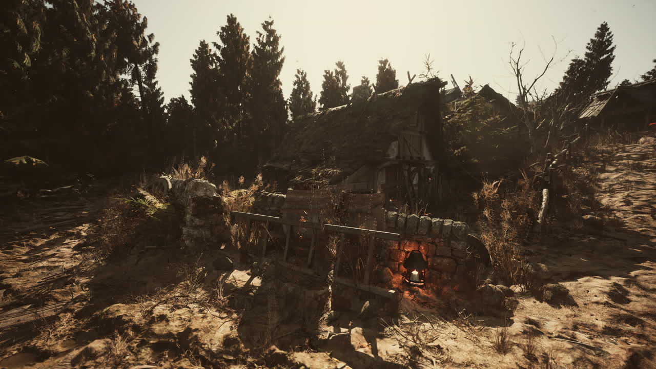 자연에서 이 많은 오후에 울불한 나무로 둘러싸인 시골의 오두막