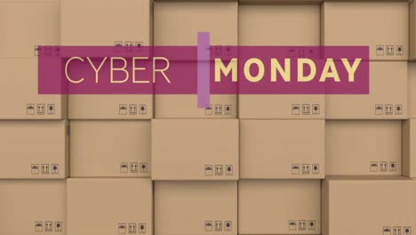 cyber monday text banner against stack of delivery boxes in background