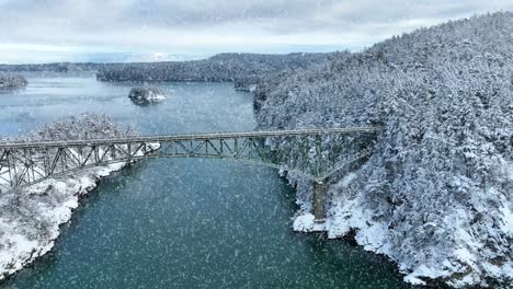 wide shot of a bridge spanning water with snow actively falling