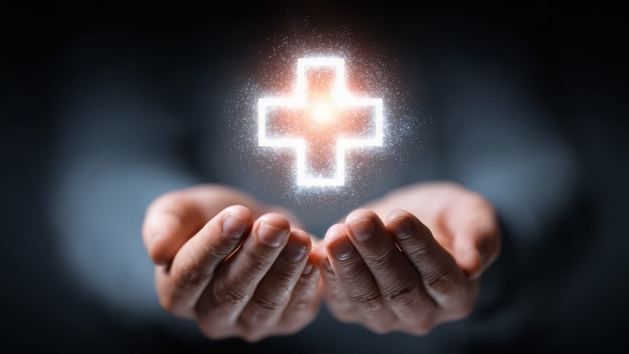 A Metaphorical Representation of Health and Wellness: Hands Cradling a Glowing Medical Cross Symbolizing Hope, Care, and Healing in Modern Medicine