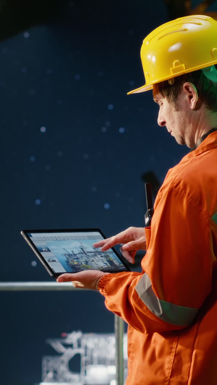 Vertical Video Industrial worker on offshore drilling rig evaluates data for emission tracking
