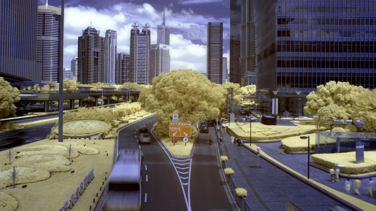 Shanghai Lujiazui financial district street in infrared timelapse