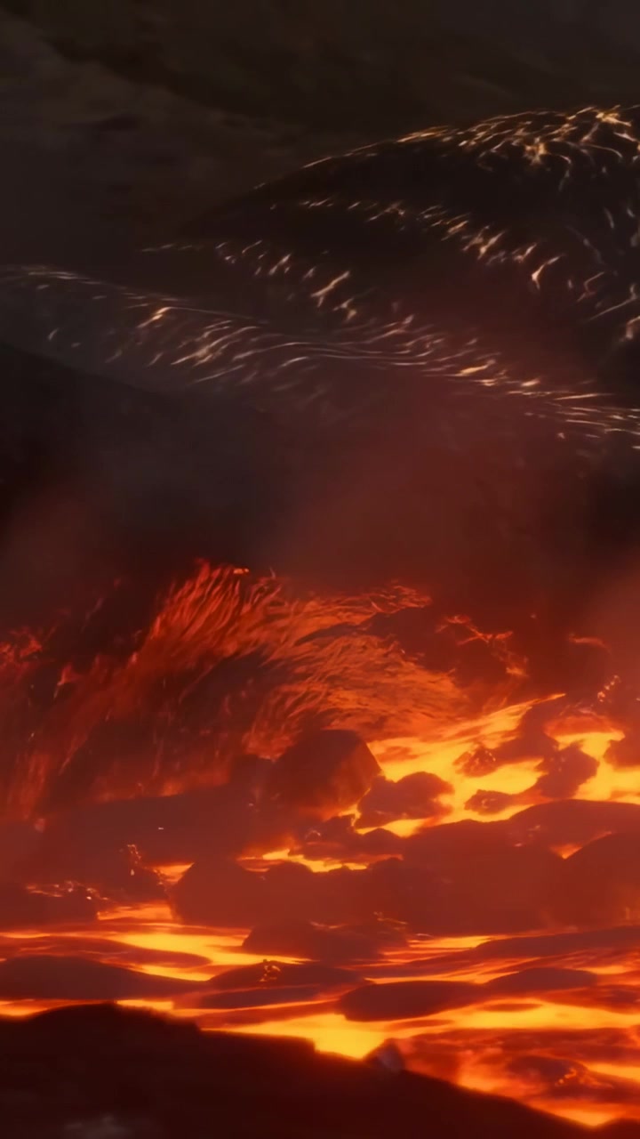 Vertikales Video: Fließende Lava wellt sich von unten, bildet aufsteigende Blasen und Rinnsale im Krater.