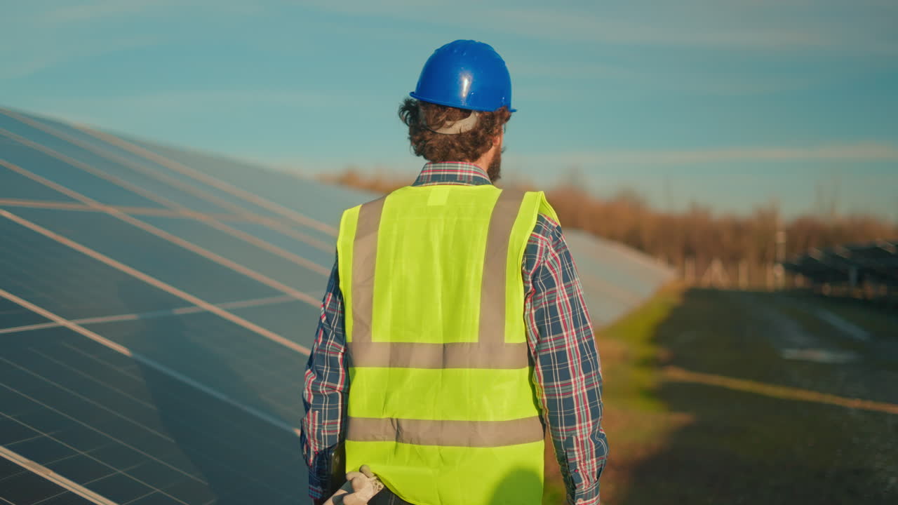 Engineer Inspecting Solar Panels at a Solar Farm