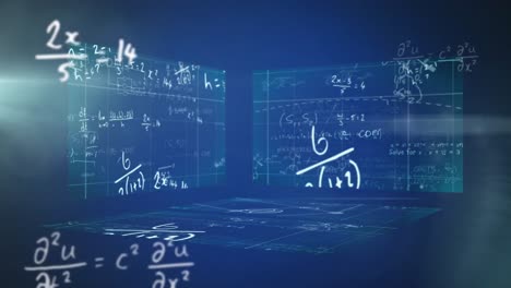 animation of mathematical formulae floating and wrutten on three boards background