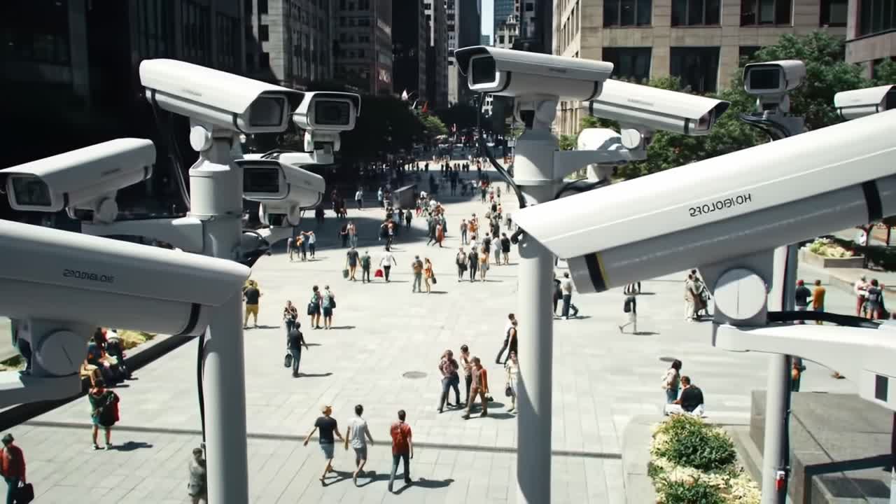 A Captivating View of a Bustling City Square Surrounded by Surveillance Cameras, Highlighting the Intersection of Urban Life and Security Technology