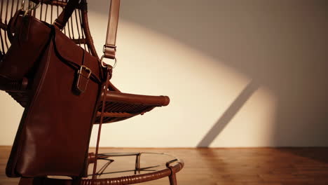 stylish brown leather bag on wicker hanging chair with sunlight shadows