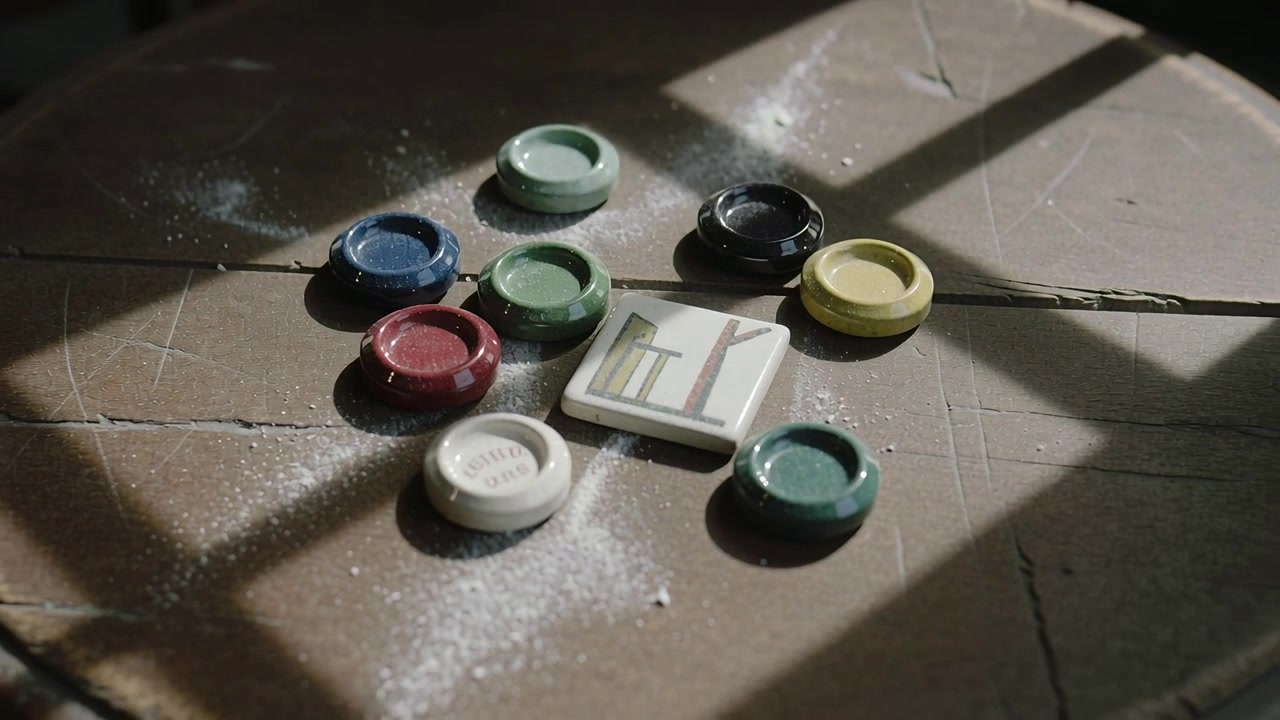 Recul de la caméra révélant 7 jetons colorés autour d'une tuile carrée sur le dessus, la lumière d'une fenêtre quadrillée éclairant la poussière