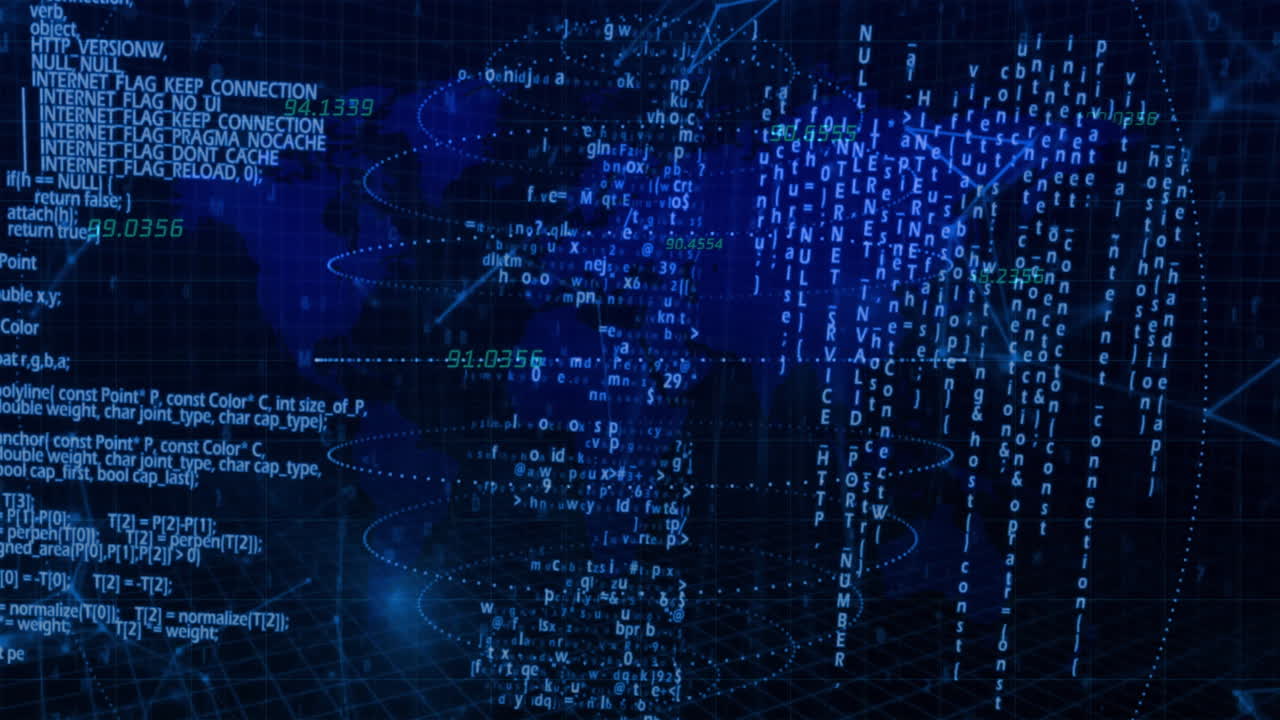 Digital code and data processing animation over blue abstract background