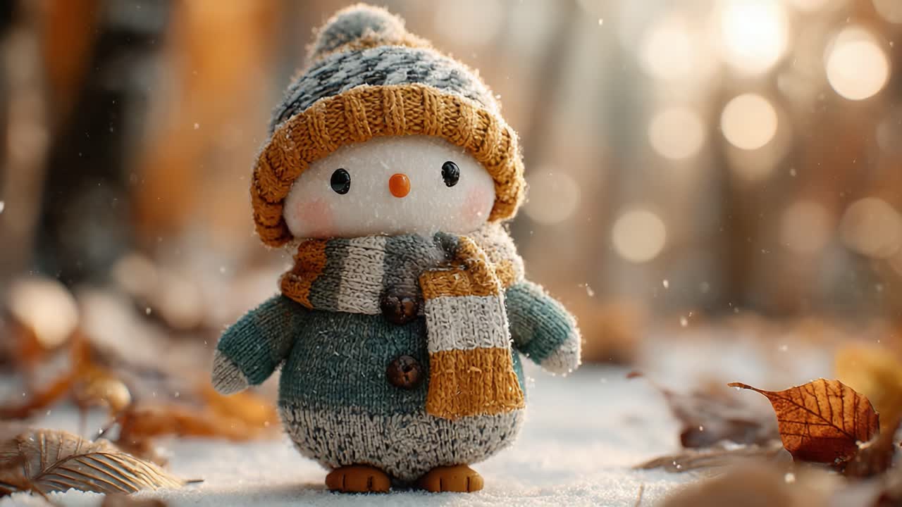 Charming Snowman Character in Cozy Winter Attire Surrounded by an Enchanting Autumn Landscape with Bokeh Lights Creating a Magical Seasonal Atmosphere