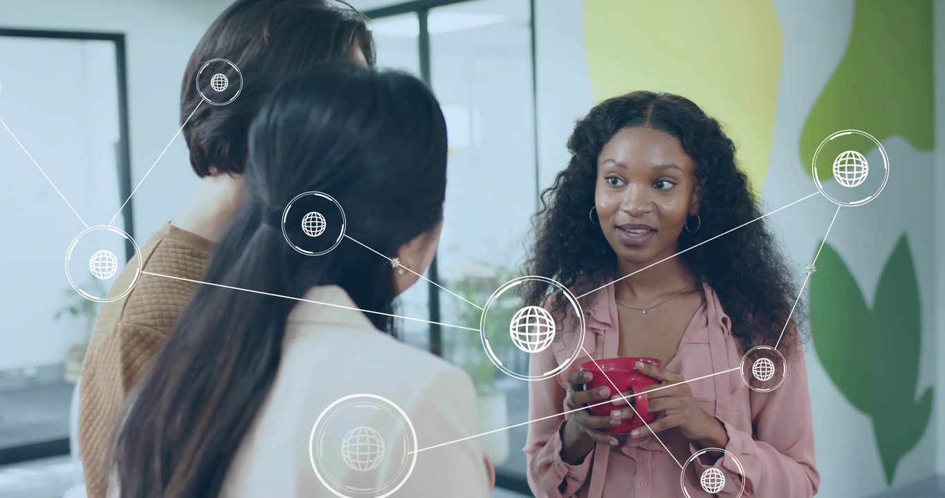 Team unlocking smartphone in office, spawning animated globe icons mapping business network flow