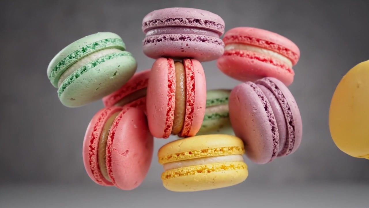 An Artistic Display of Colorful Macarons: A Vibrant Arrangement Showcasing a Variety of Flavors and Textures in a Contemporary Setting