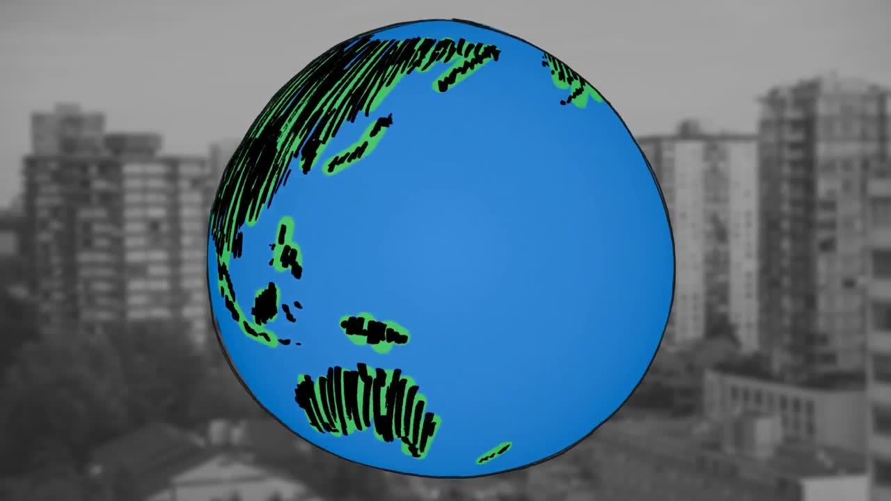 도시 풍경 위에 손으로 그린 지구상의 애니메이션