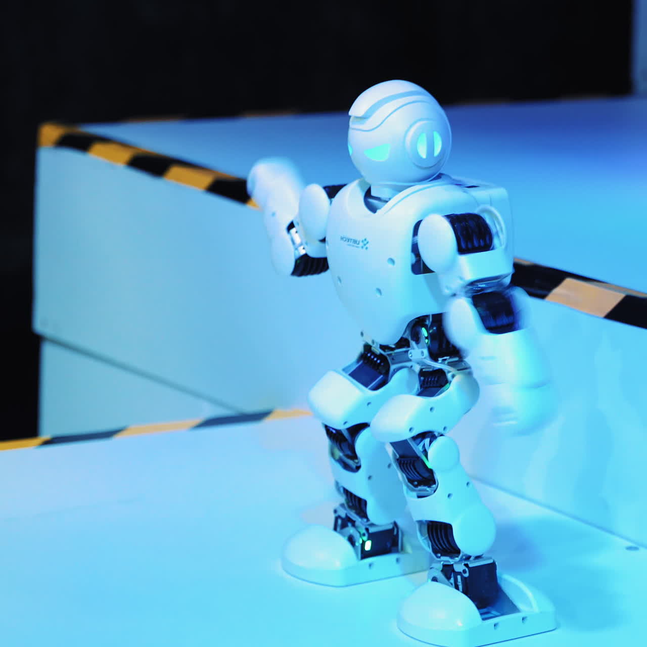 Modern robot toy and an assistant at the exhibition of modern robotics and advanced technologies.