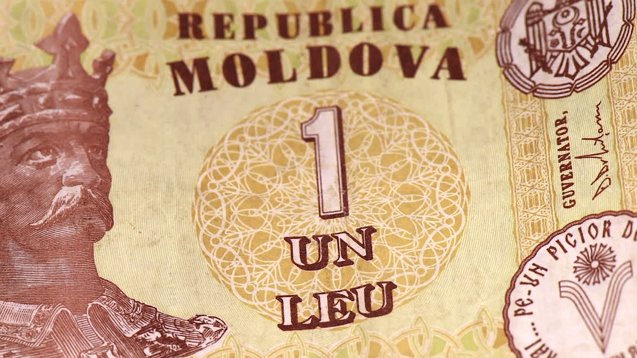Moldavian one leu banknote in a macro shot