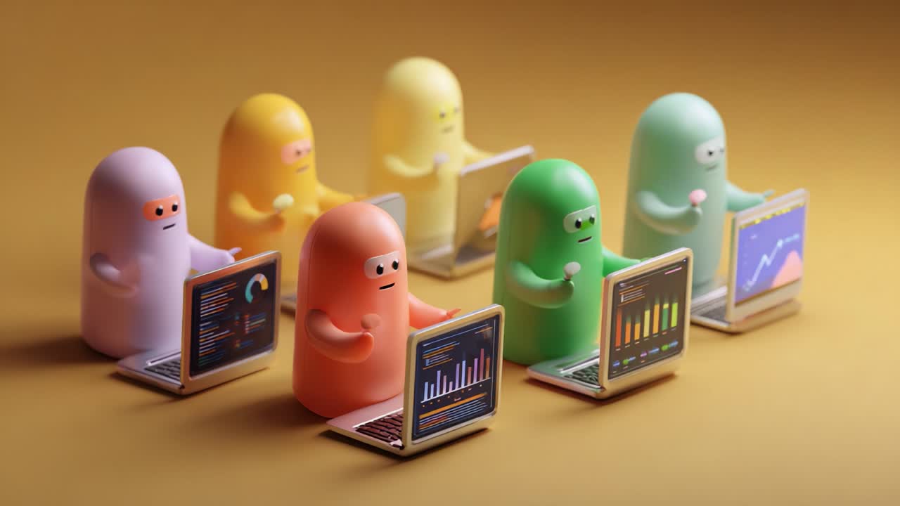 A Colorful Group of Cartoonish Characters Engaged in Data Analysis Using Laptops, Surrounded by Graphs and Charts Representing Various Statistics in a Creative Setup