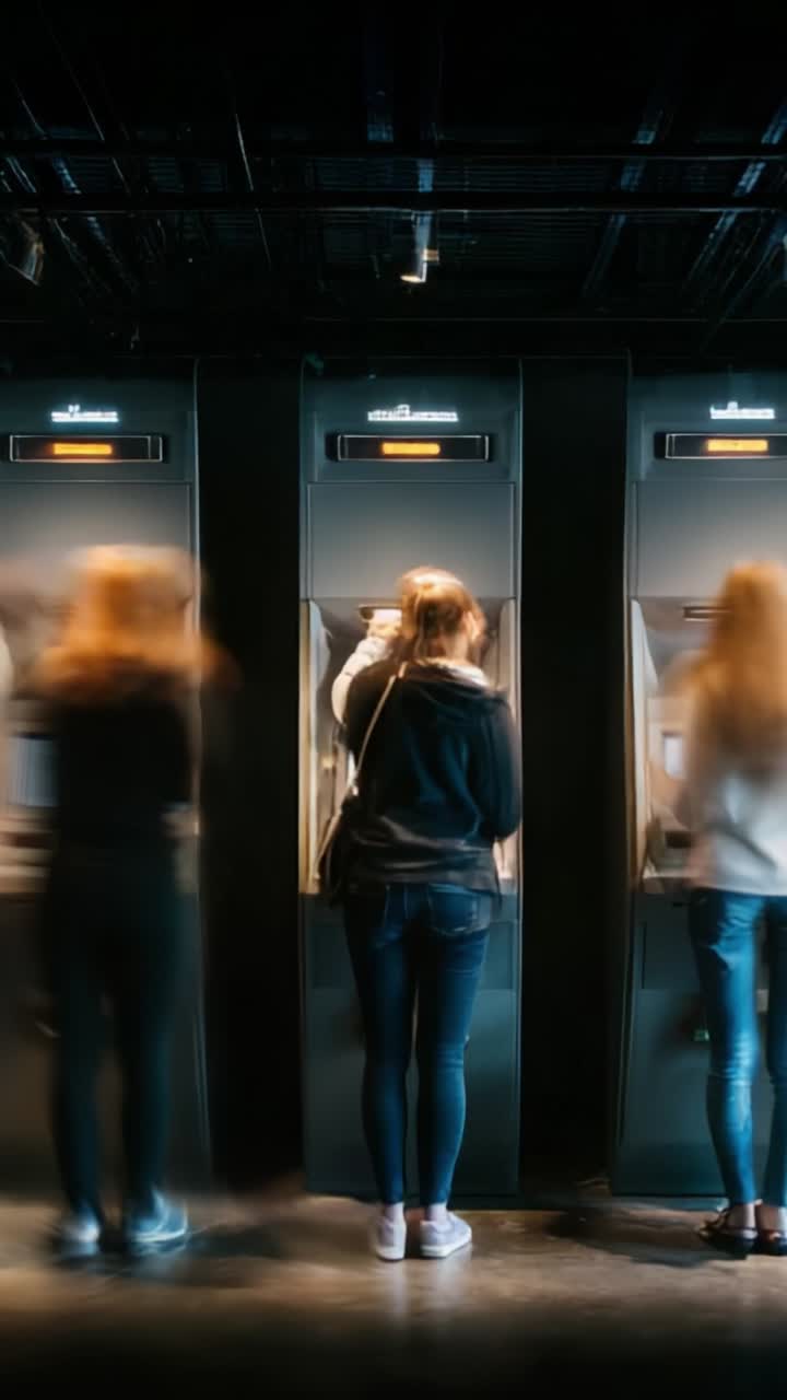 People Using Automated Machines in a Dimly Lit Environment, Highlighting Transactions and Interaction with Technology at Bank ATM Stations