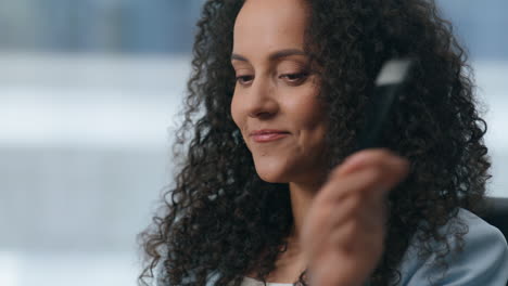 Closeup-businesswoman-discussing-work-online.-Director-having-video-conference